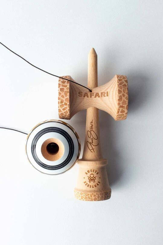 Sweets Kendama Reed Stark Gold Safari, featuring a unique design and signature engraving, perfect for kendama lovers.