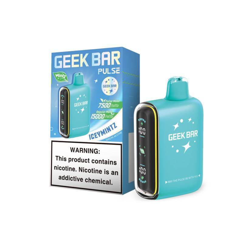 Geek Bar Pulse 15K Mintz Edition disposable vape with mint flavoring and warning label.
