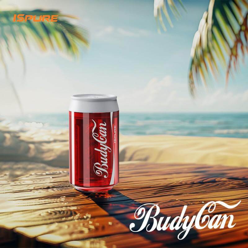 iSpure BudyCan Bubbler designed like a beverage can, perfect for discreet dabbing on-the-go at the beach.