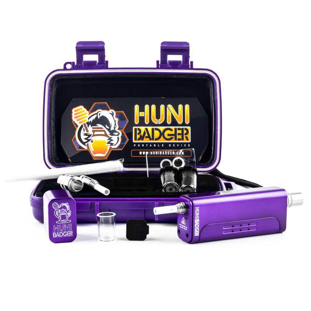 Huni Badger portable device in purple case, including components for consuming herbal extracts.