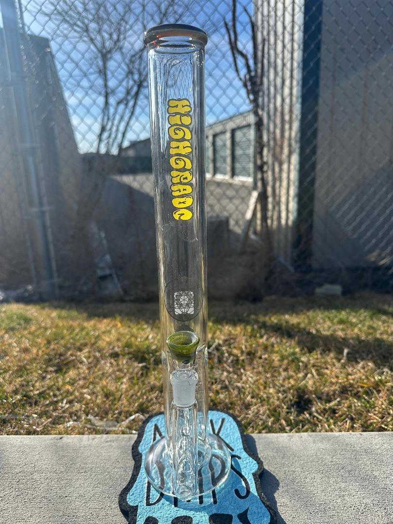 HighGrade Glass Straight Flower Tube - 16" Color Accent w/ Sacred Geometry Bake On 14mm 90°