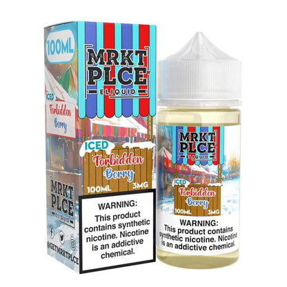 MRKT Place ICED Forbidden Berry 100ml eJuice bottle with packaging, refreshing menthol vape flavor, nicotine warning included.