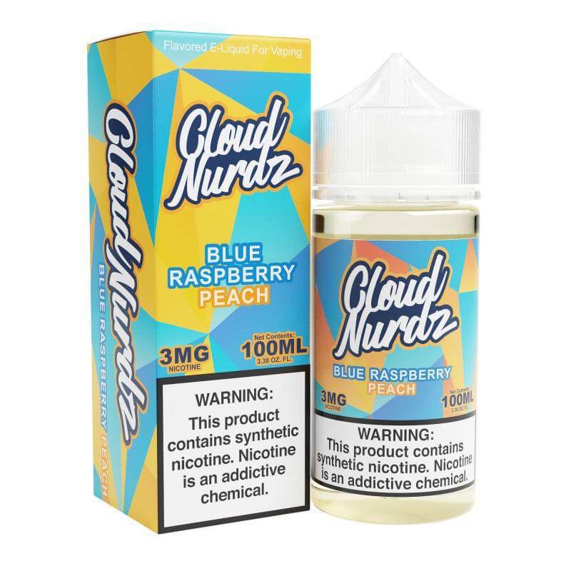 Cloud Nurdz Blue Raspberry Peach 100ml e-liquid bottle and packaging for vaping, featuring vibrant fruity flavors.