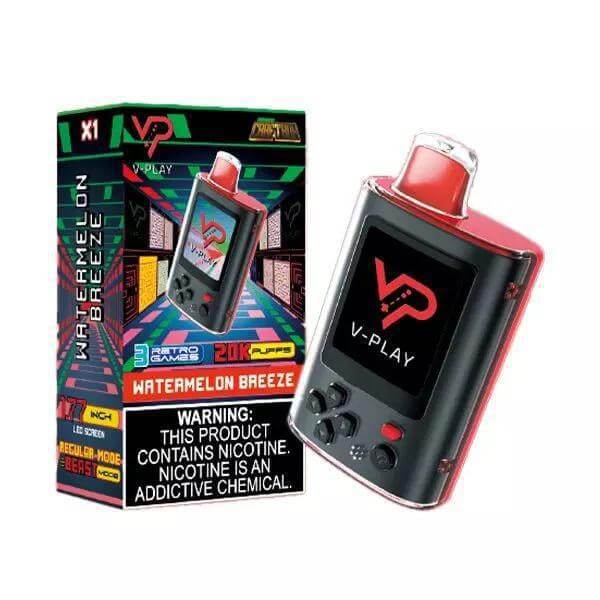 V Play Retro 20k Disposable Vape in Watermelon Breeze flavor with colorful packaging and sleek retro design.