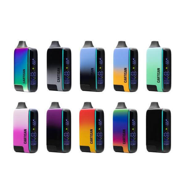 Colorful Veil Bar Pro EVO vaporizers displaying various color gradients and digital screens.