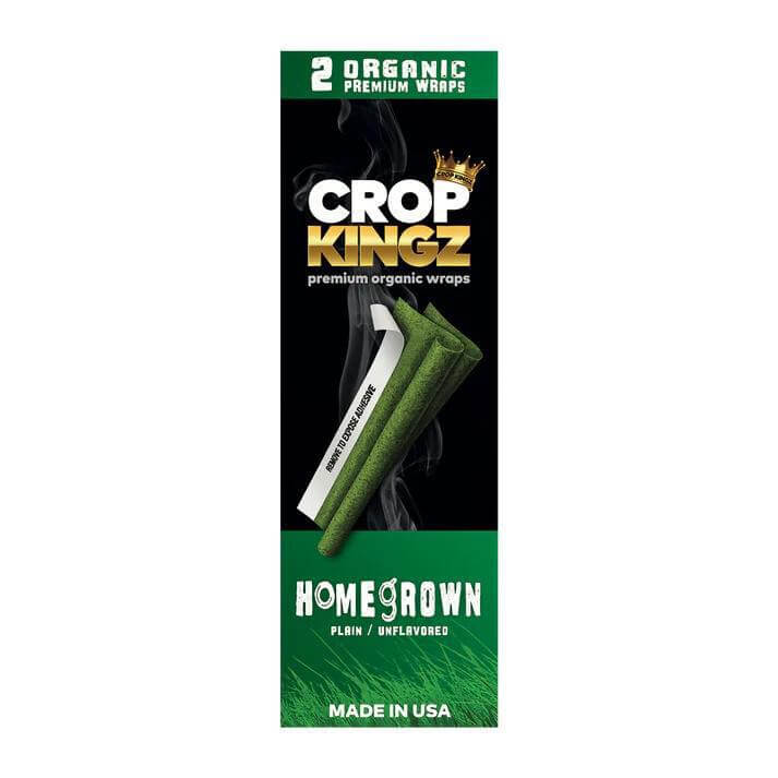 Crop Kingz Organic Hemp Cones packaging featuring 2 premium wraps under the Homegrown flavor, made in the USA.