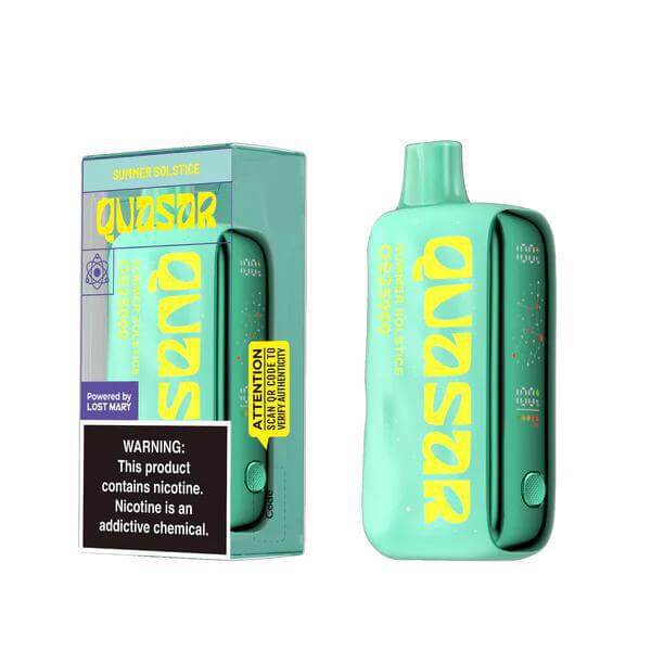 Quasar OS25000 vape device in mint green with packaging featuring a warning about nicotine content, ideal for vaping enthusiasts.