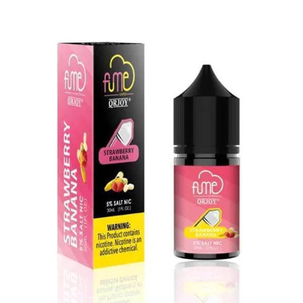 FUME Salt Nic e-liquid in Strawberry Banana flavor, 5% nicotine, 30ml bottle, packaged in a vibrant box.