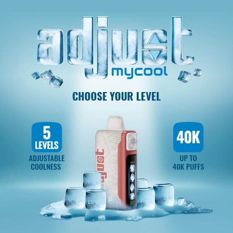 Adjust MyCool disposable vape featuring adjustable coolness, 5 levels, and up to 40,000 puffs.