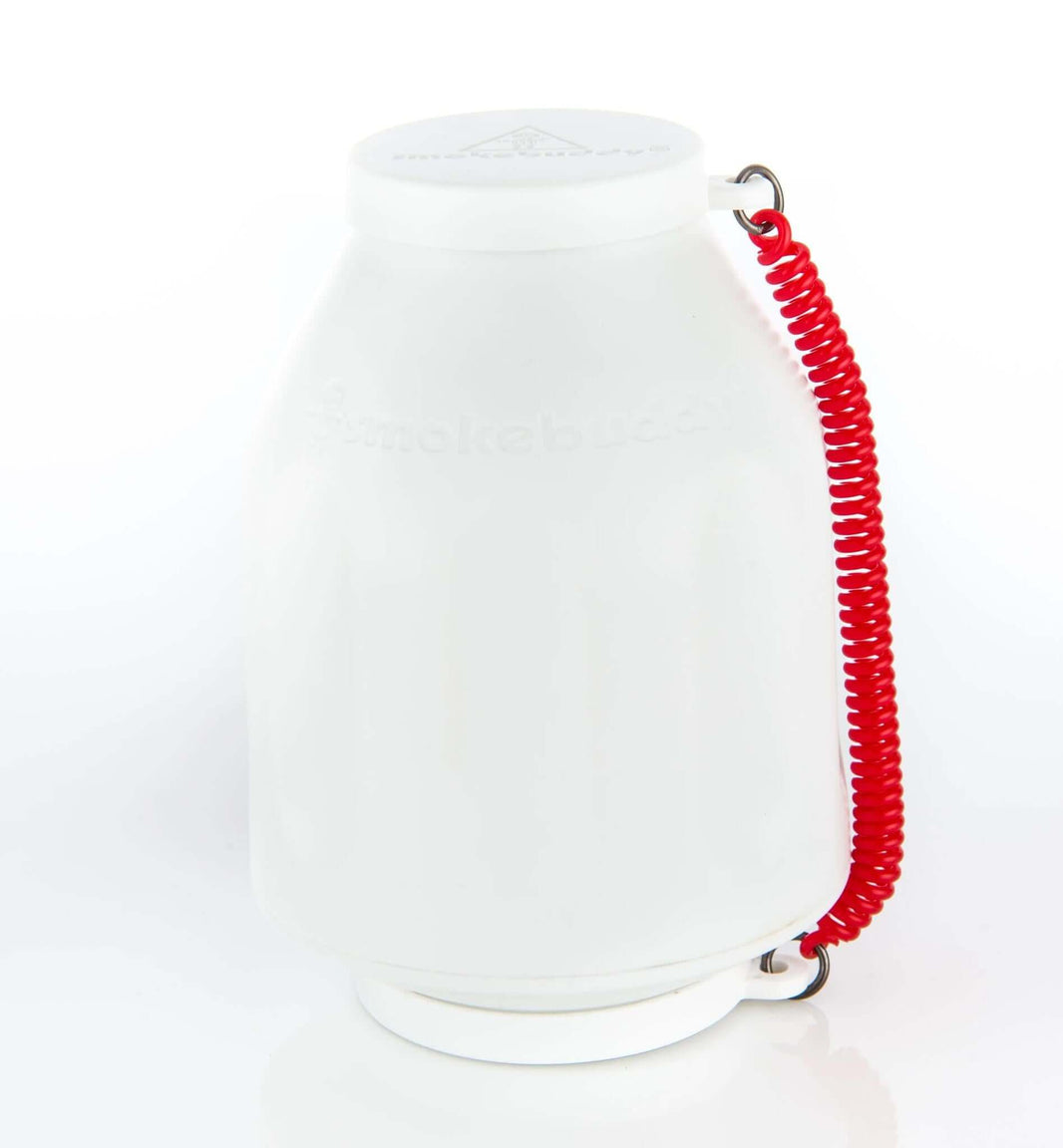 Smokebuddy Original Personal Air Filter in white with a red keychain and LED light, designed for discreet smoke exhalation.