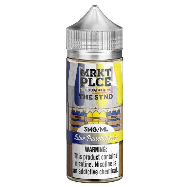 MRKT Place Blue PunchBerry 100ml e-liquid for sub-ohm tanks, featuring high VG for rich flavor and vapor production.