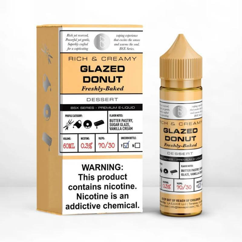 BSX Series 60ml Glazed Donut e-liquid bottle with dessert flavor profile and warning label.