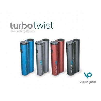 Vape Gear Turbo Twist 510 battery in four colors: blue, grey, red, and black, designed for discreet vaping.