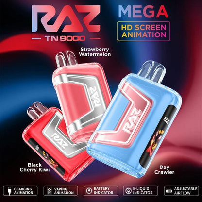 Raz TN9000 Disposable Vape in Strawberry Watermelon, Black Cherry Kiwi, Day Crawler flavors with HD screen features.