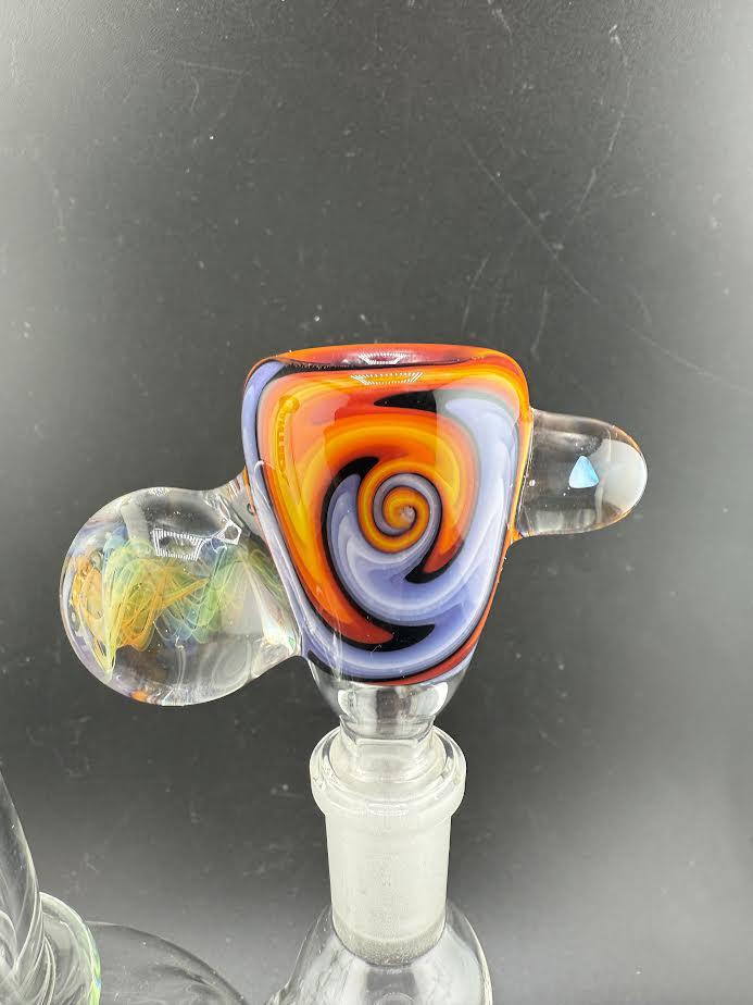 Highgrade glass heady slide with vibrant orange and purple swirl design, 14mm handcrafted bowl for smokers.