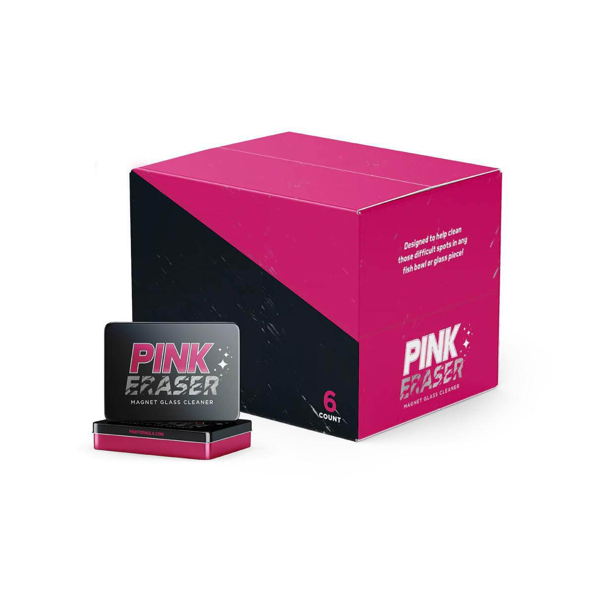 Pink Formula Pink Eraser Scrubber box with six count of magnet glass cleaners for effective glass cleaning.