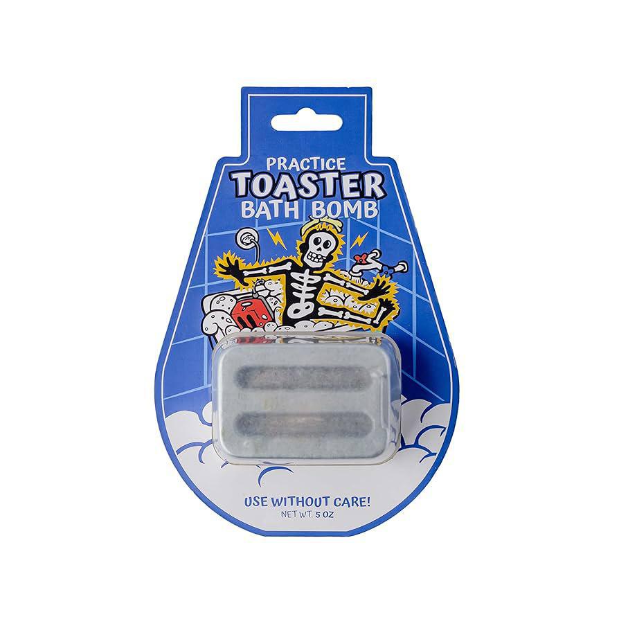 Practice Toaster Bath Bomb in packaging, featuring darkly humorous design for self-care and relaxation.
