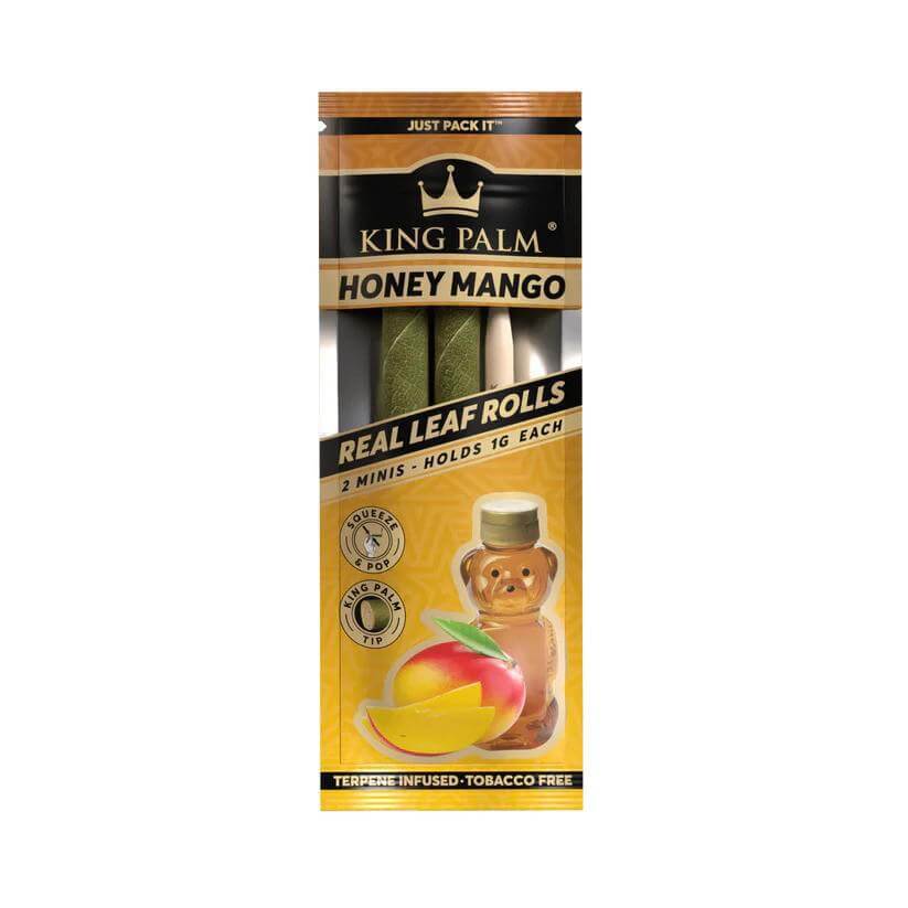 King Palm Honey Mango Real Leaf Rolls pack featuring 2 mini cones with flavorful terpenes and tobacco-free hemp wrap.