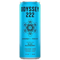 Odyssey 222 Sparkling Blue Raspberry Energy Drink can with focus and energy benefits, featuring 222mg caffeine.