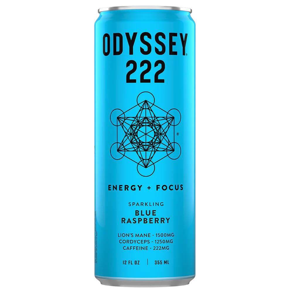 Odyssey 222 Sparkling Blue Raspberry Energy Drink can with focus and energy benefits, featuring 222mg caffeine.