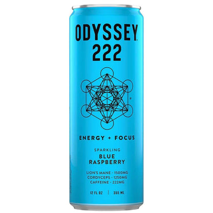 Odyssey 222 Sparkling Blue Raspberry Energy Drink can with focus and energy benefits, featuring 222mg caffeine.