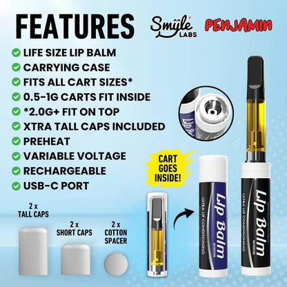 Smyle Labs Penjamin Lip Balm features list including rechargeable, variable voltage, USB-C port, and included accessories.