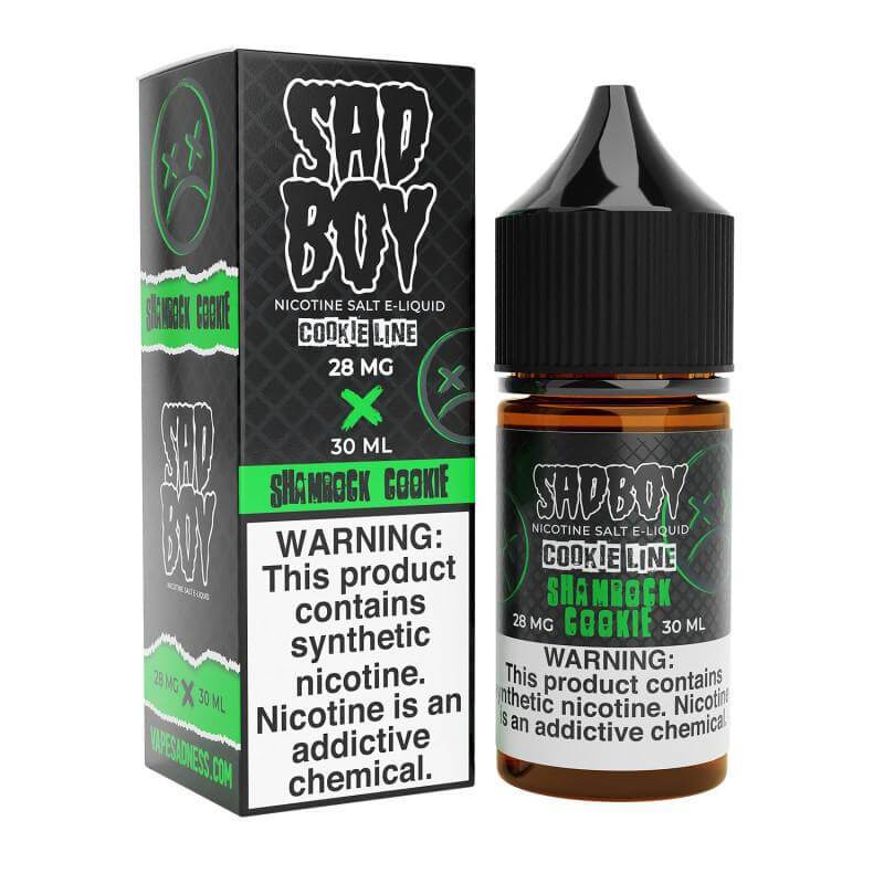 Sad Boy Salt Nic 30ml bottle with Shamrock Cookie flavor, 28 mg nicotine, premium vaping e-liquid.