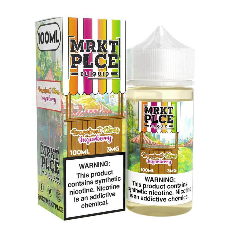 MRKT Place 100ml Sub Ohm Juice bottle featuring vibrant packaging and nicotine warning label.