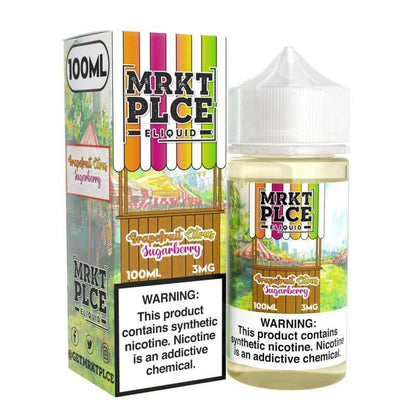 MRKT Place 100ml Sub Ohm Juice bottle featuring vibrant packaging and nicotine warning label.