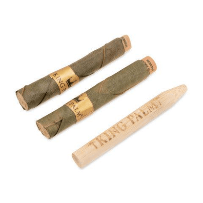 King Palm 2pc Rollies pack featuring pre-rolled hemp wraps and wooden packing tool, perfect for flavorful smoking experience.