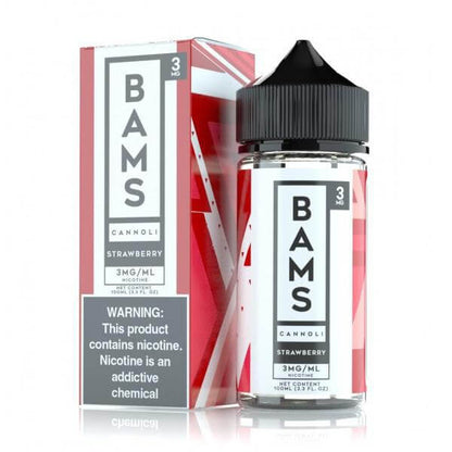 Bams Cannoli Strawberry E-Liquid 100ml bottle with box, featuring rich strawberry flavor and nicotine warning.