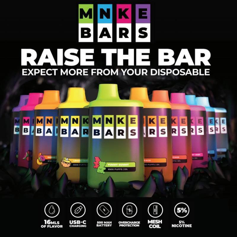 MNKE Bars 6500 Disposable Vape with vibrant flavors, 16mL e-liquid, 5% nicotine, and USB-C charging.