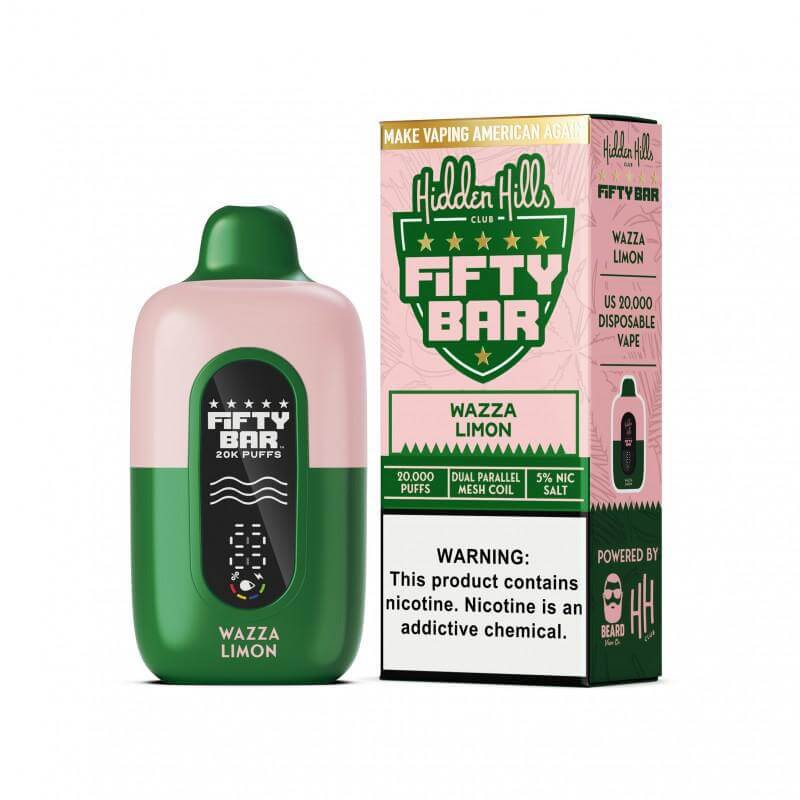 Hidden Hills x Fifty Bar Wazza Limon 20K Puff Disposable Vape featuring a vibrant design and nicotine strength.