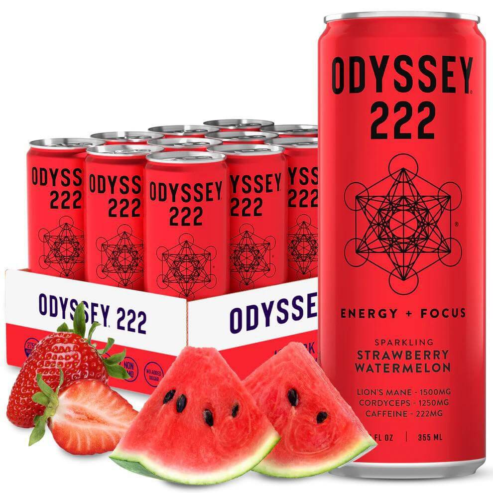 Odyssey 222 Sparkling Strawberry Watermelon Energy Drink with fresh strawberries and watermelon slices.