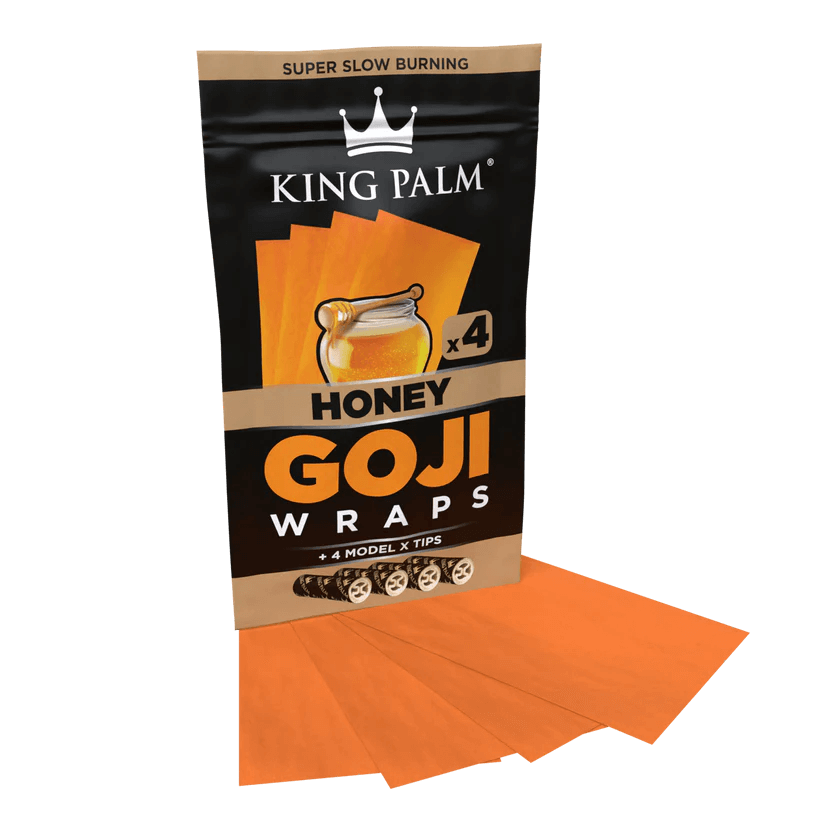 King Palm honey-flavored goji wraps pack featuring 4 super slow-burning wraps and Model X filter tips.