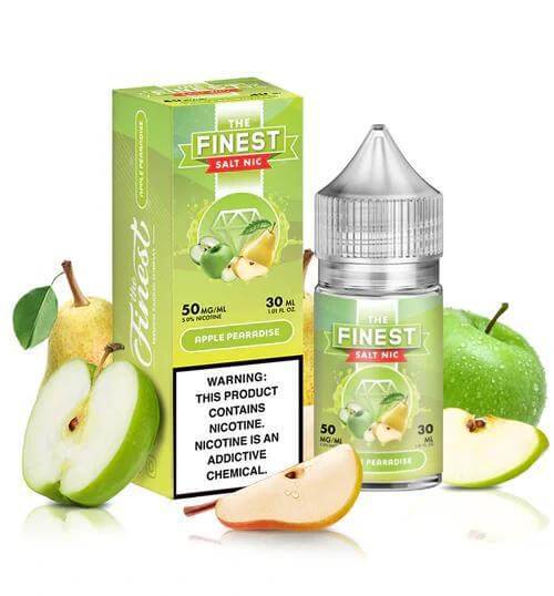 Finest Salt Nicotine 30ml in Apple Pear profile with green apples and warning label about nicotine.