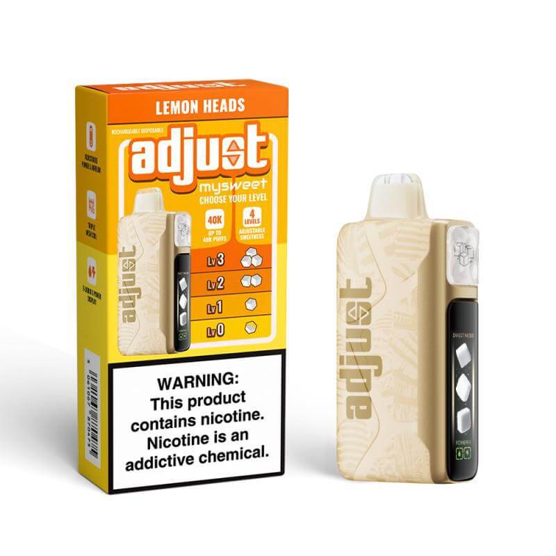 Adjust MySweet Disposable Nicotine Vape Lemon Heads flavor with customizable power settings and warning label.