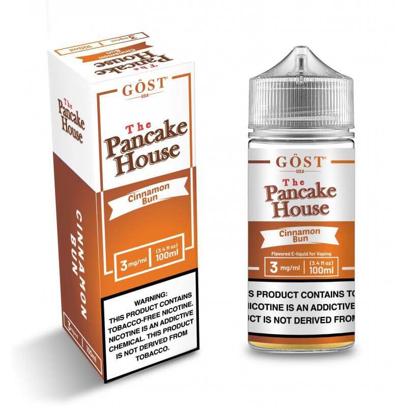 The Pancake House 100ml e-liquid bottle and box, featuring cinnamon bun flavor for indulgent vaping.