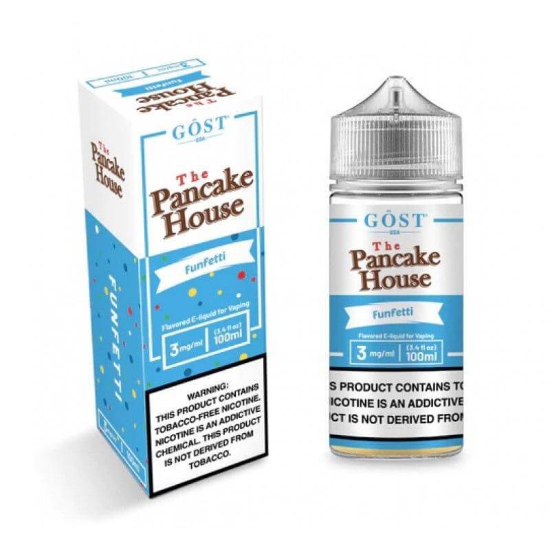 The Pancake House 100ml e-liquid bottle with colorful packaging, featuring funfetti flavor for a delicious vaping experience.