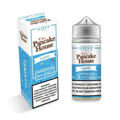 The Pancake House 100ml e-liquid bottle with colorful packaging, featuring funfetti flavor for a delicious vaping experience.