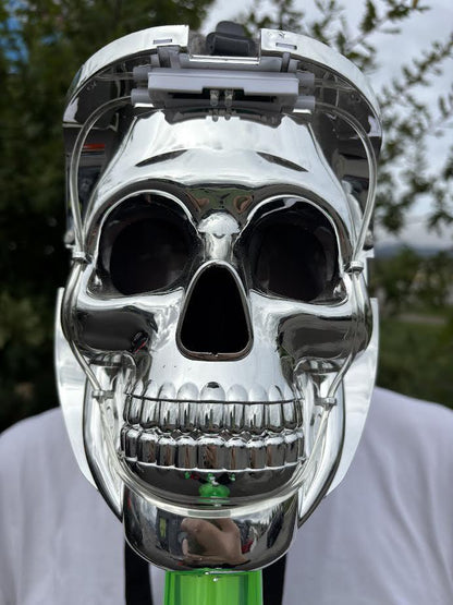 Gas Mask with Bong featuring a shiny skull design and a green bong attachment, perfect for Halloween parties.
