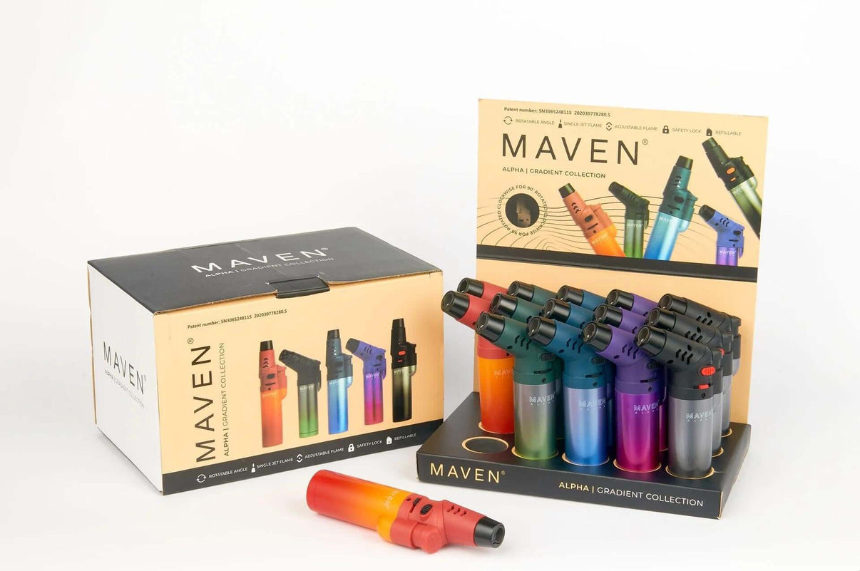 Maven Alpha Neon butane torches displayed in various colors with packaging, ideal for precision dabbing and culinary use.