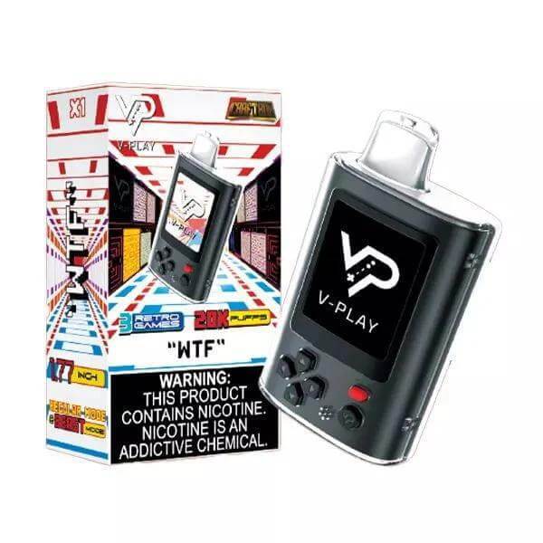 V Play Retro 20k Disposable Vape with sleek design and colorful packaging, featuring warning label on the box.
