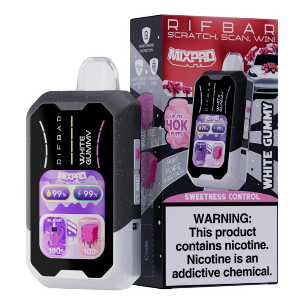 RIFBAR MIXPRO Disposable Vape, White Gummy flavor, 40,000 puffs, sleek design with warning label about nicotine.