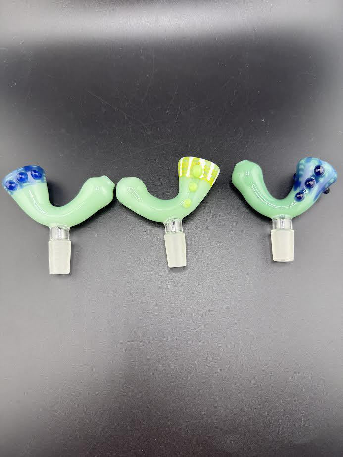 Three Sherlock Hybrid Hand Pipe Bowls in various colors and designs, each fitting a 14mm joint.