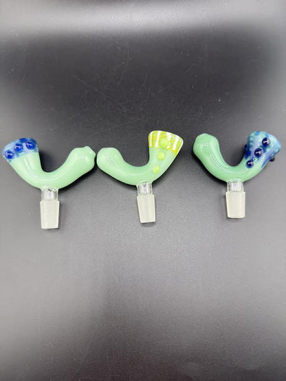Three Sherlock Hybrid Hand Pipe Bowls in various colors and designs, each fitting a 14mm joint.