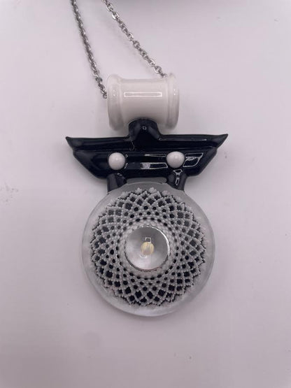 Steve H Glass X MB Glass Pendant - Mountain Gate w/ Black & White Dotstack & Encased Opal