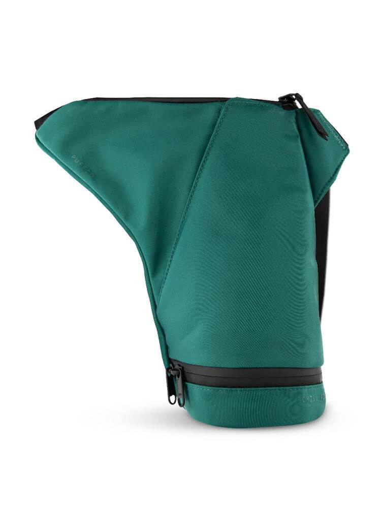 Puffco Journey Bag in green, featuring durable design, multiple pockets, and adjustable strap for easy carrying.
