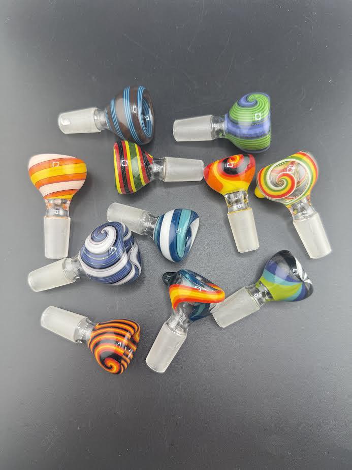 Colorful assortment of Fila John Glass wig wag bowl pieces, featuring various designs and 14mm sizes.