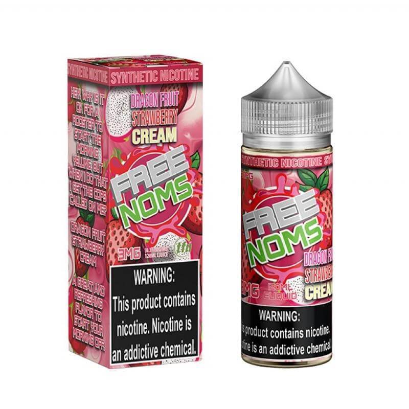 NOMS e-liquid 120ml bottle with Dragon Fruit Strawberry Cream flavor, featuring a bold design and nicotine warning.